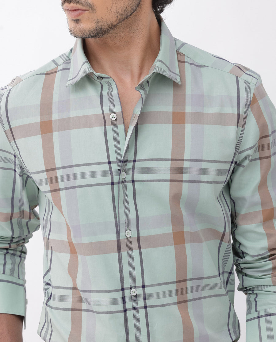 Rare Rabbit Men's Noan Dusky Green Cotton Checked Print Regular Fit Full Sleeve Collared Shirt