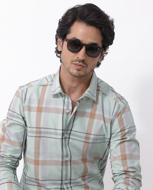Rare Rabbit Men's Noan Dusky Green Cotton Checked Print Regular Fit Full Sleeve Collared Shirt