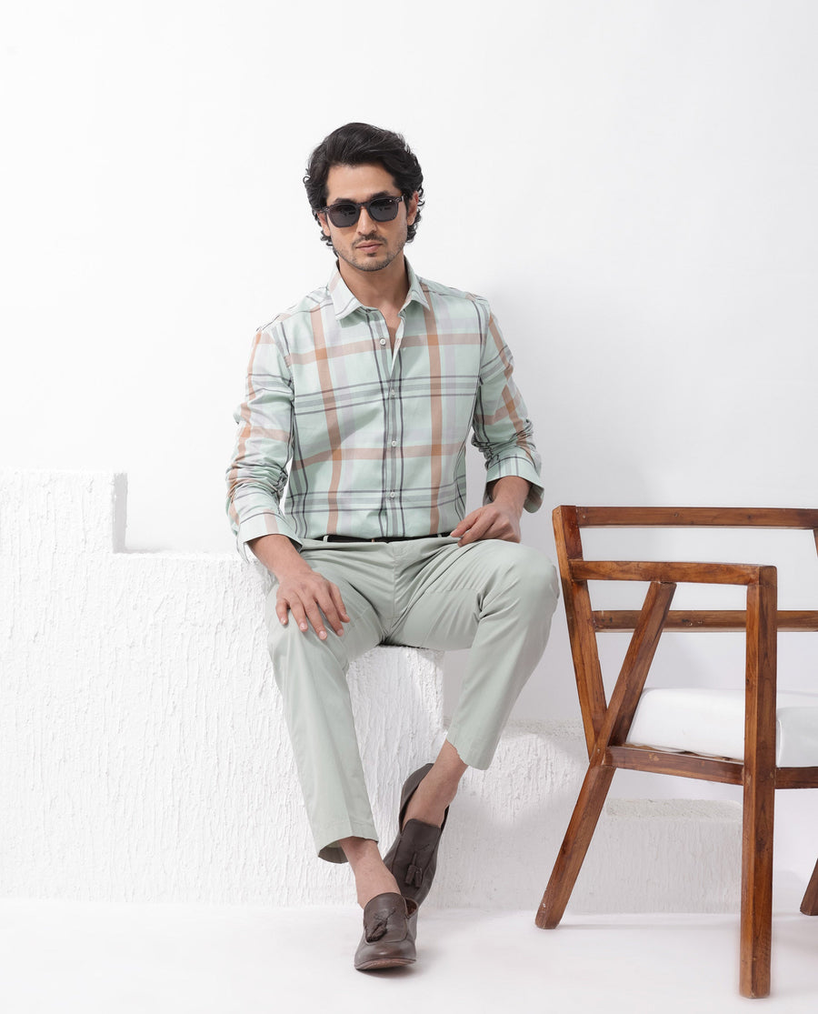 Rare Rabbit Men's Noan Dusky Green Cotton Checked Print Regular Fit Full Sleeve Collared Shirt