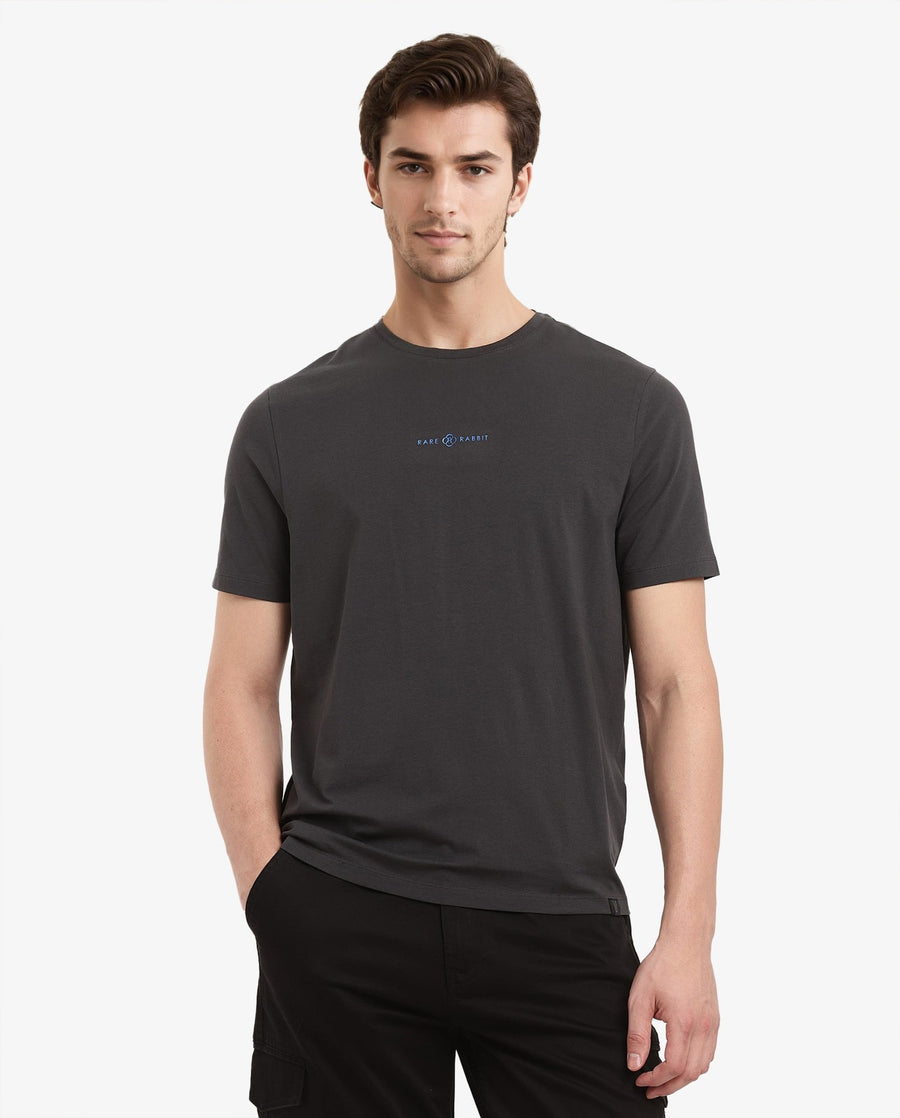 Rare Rabbit Men's Noam Dark Grey Cotton Graphic Print Regular Fit Half Sleeve Crew Neck T-Shirt