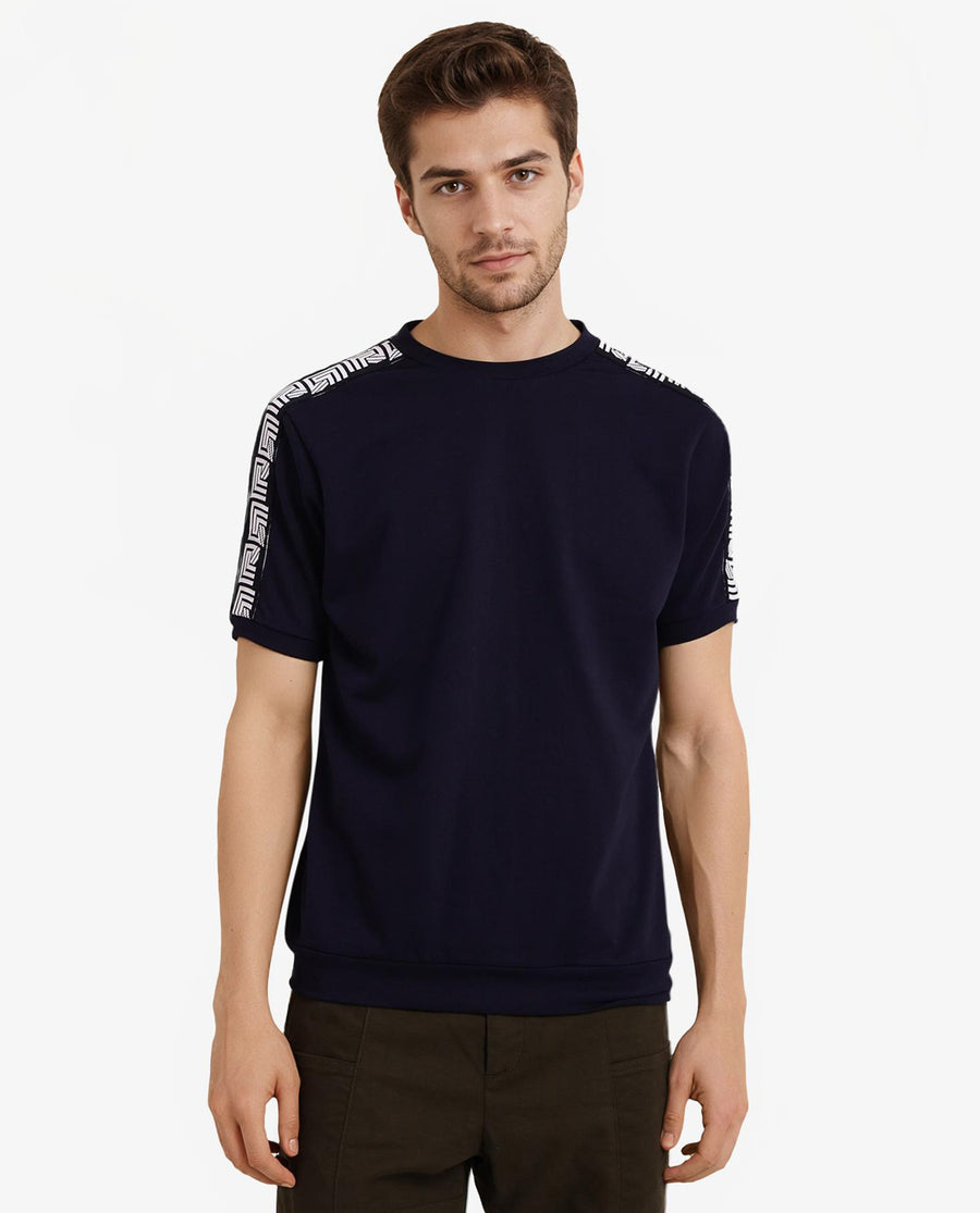 Rare Rabbit Men's Nobo Navy Cotton Monogram Print Oversized Fit Half Sleeve Crew Neck T-Shirt