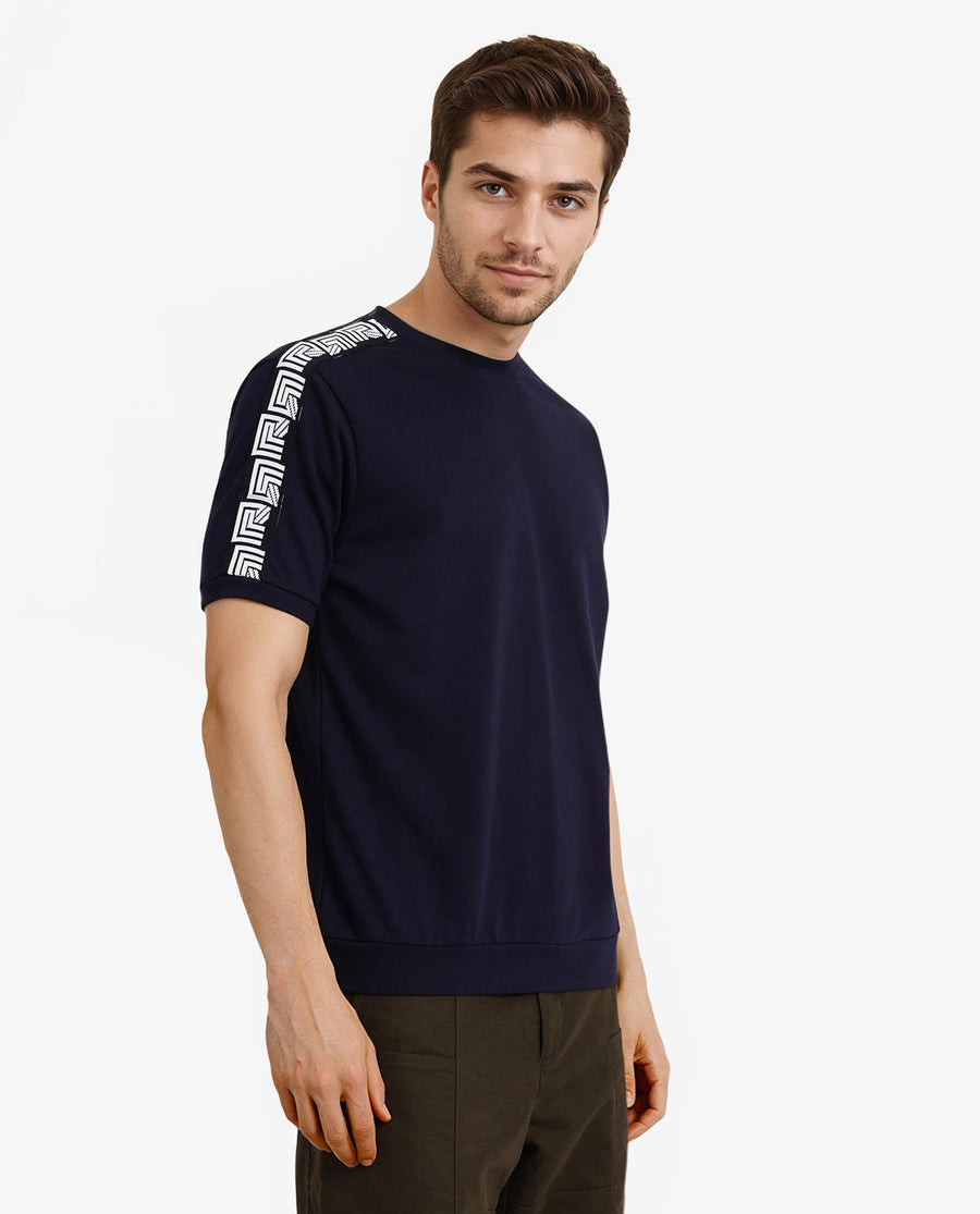 Rare Rabbit Men's Nobo Navy Cotton Monogram Print Oversized Fit Half Sleeve Crew Neck T-Shirt