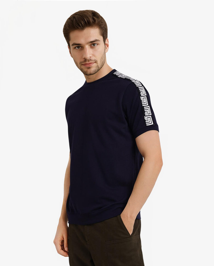 Rare Rabbit Men's Nobo Navy Cotton Monogram Print Oversized Fit Half Sleeve Crew Neck T-Shirt
