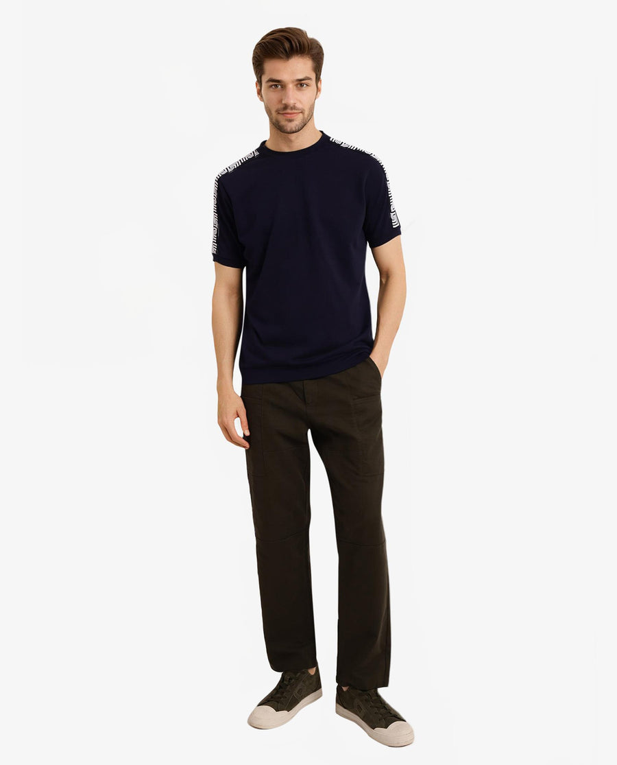 Rare Rabbit Men's Nobo Navy Cotton Monogram Print Oversized Fit Half Sleeve Crew Neck T-Shirt