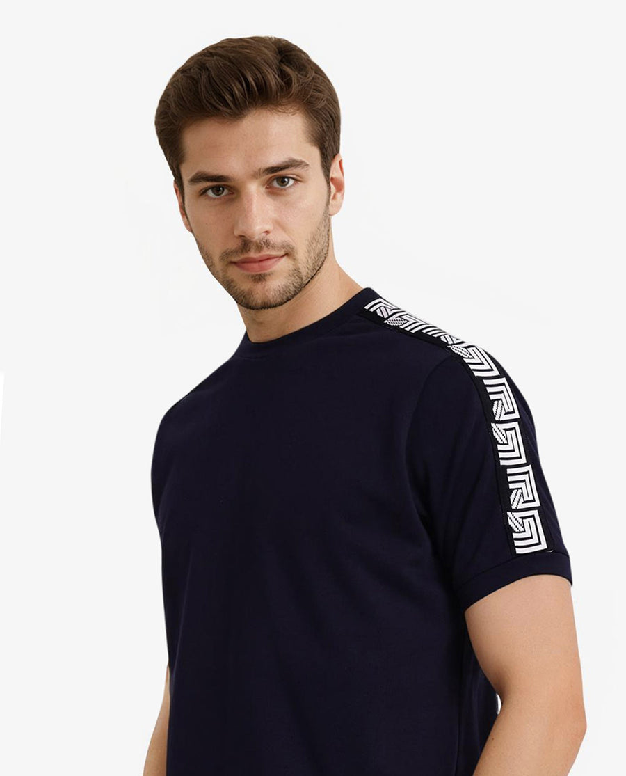 Rare Rabbit Men's Nobo Navy Cotton Monogram Print Oversized Fit Half Sleeve Crew Neck T-Shirt