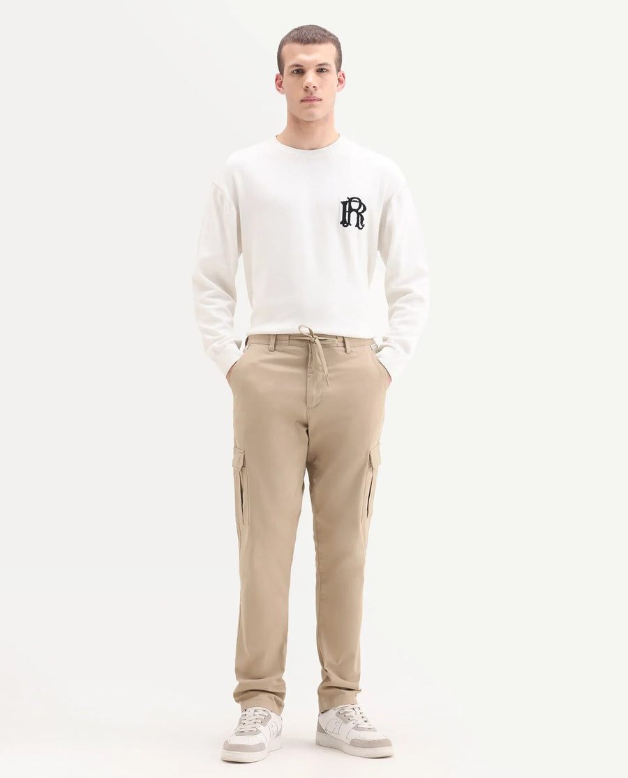 Rare Rabbit Men's Nobon Beige Cotton Plain Regular Fit Trouser