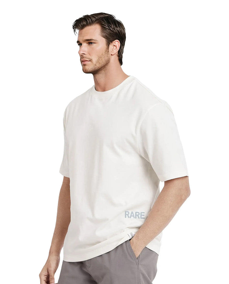 Rare Rabbit Men's Nobs Off White Cotton Graphic Print Oversized Fit Half Sleeve Crew Neck T-Shirt