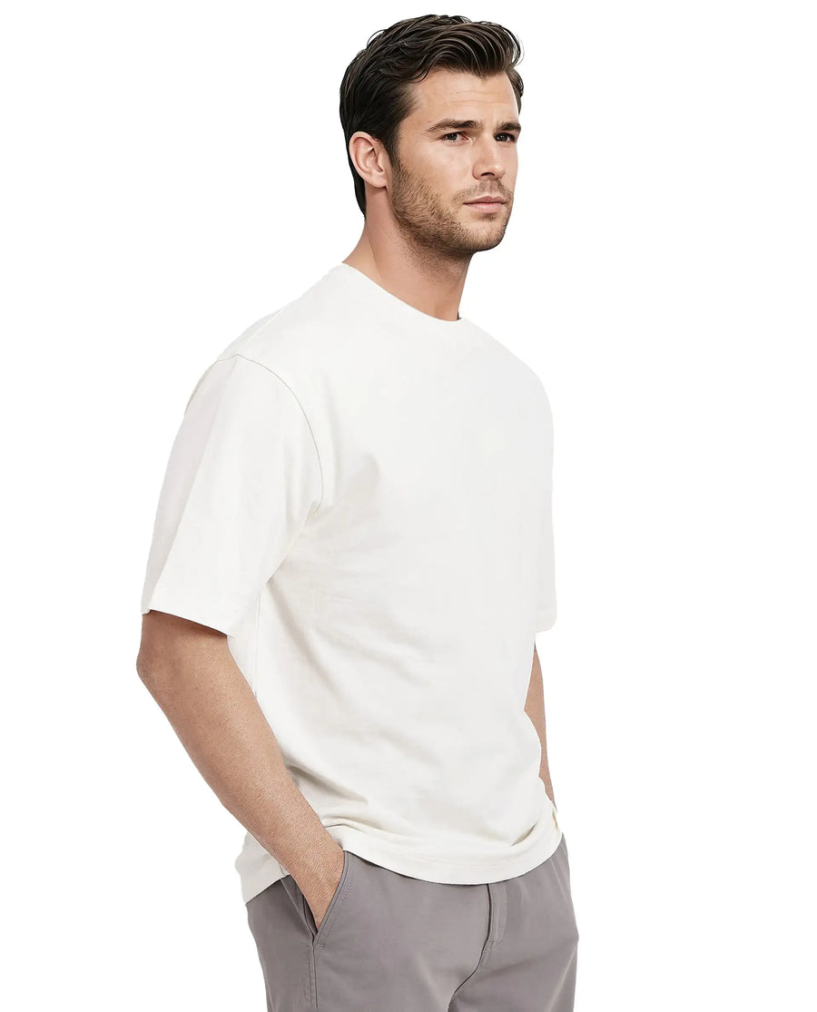 Rare Rabbit Men's Nobs Off White Cotton Graphic Print Oversized Fit Half Sleeve Crew Neck T-Shirt