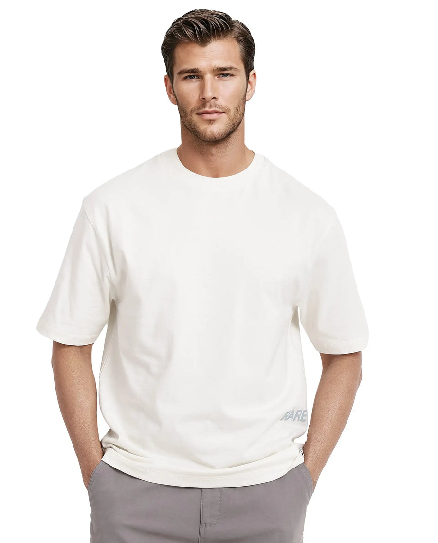 Rare Rabbit Men's Nobs Off White Cotton Graphic Print Oversized Fit Half Sleeve Crew Neck T-Shirt