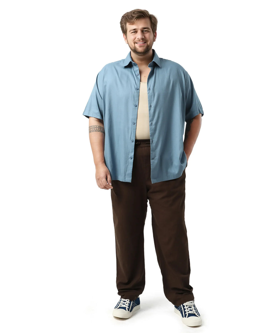 Rare Rabbit Men's Noel Big Light Petrol Cotton Fabric Short Sleeve Collared Neck Button Closure Plain Shirt