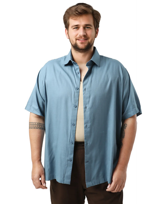 Rare Rabbit Men's Noel Big Light Petrol Cotton Fabric Short Sleeve Collared Neck Button Closure Plain Shirt