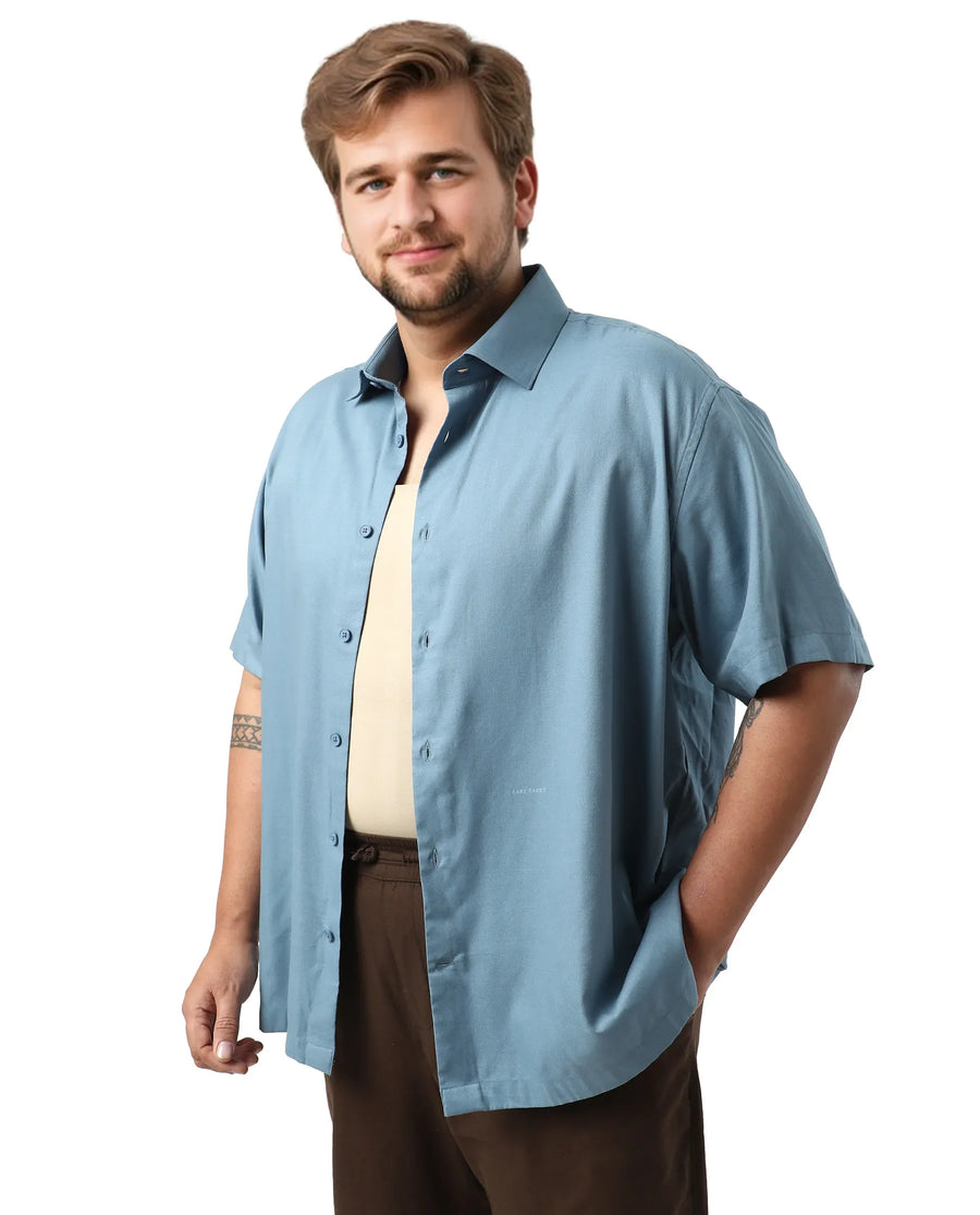 Rare Rabbit Men's Noel Big Light Petrol Cotton Fabric Short Sleeve Collared Neck Button Closure Plain Shirt