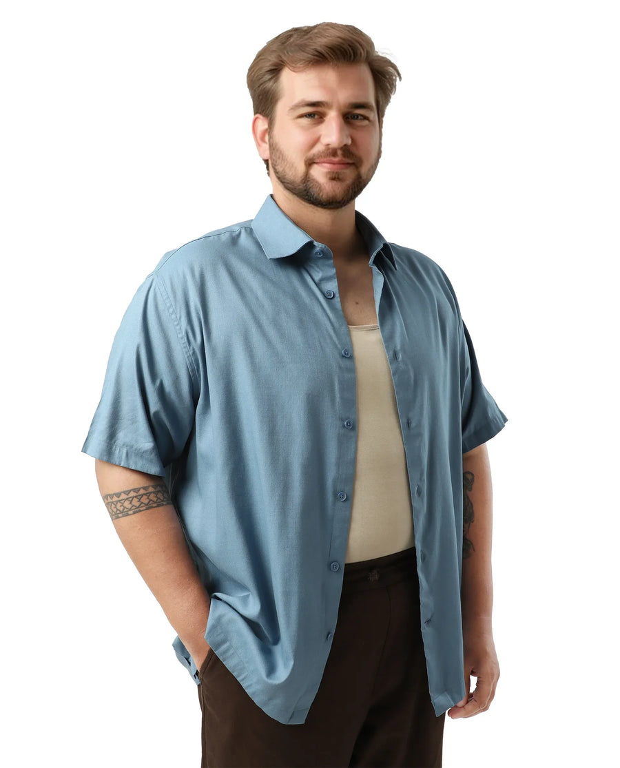 Rare Rabbit Men's Noel Big Light Petrol Cotton Fabric Short Sleeve Collared Neck Button Closure Plain Shirt