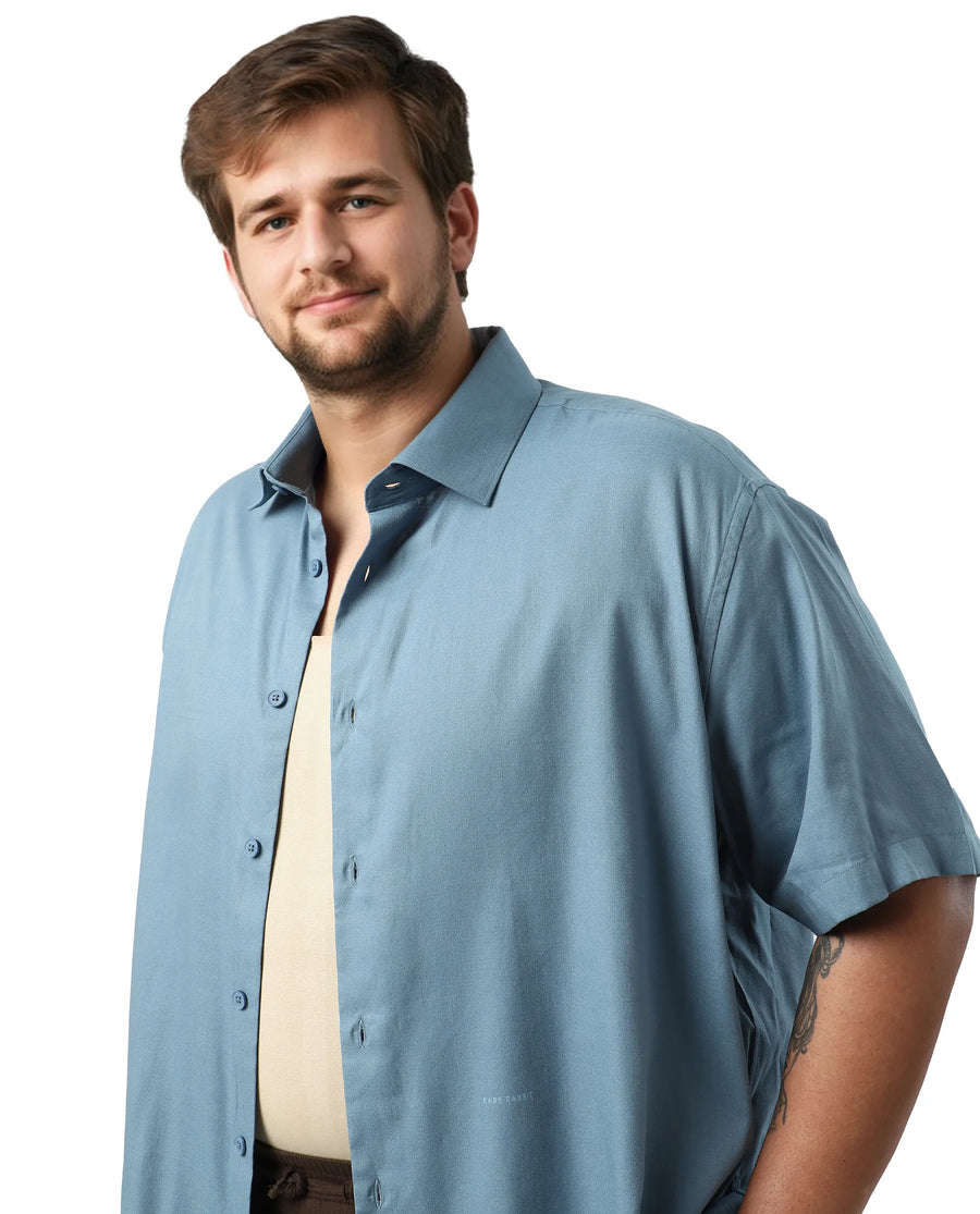 Rare Rabbit Men's Noel Big Light Petrol Cotton Fabric Short Sleeve Collared Neck Button Closure Plain Shirt