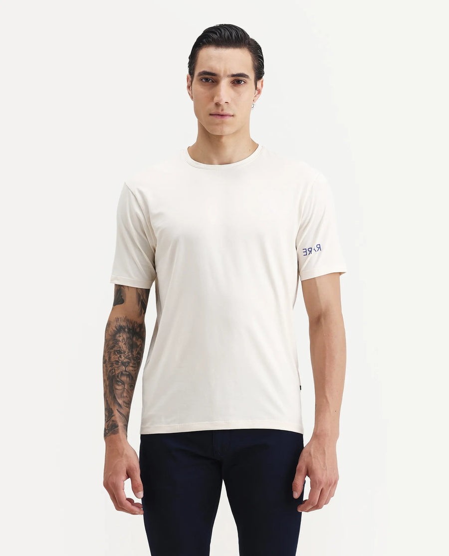 Rare Rabbit Men's Nomo Beige Cotton Blend Monogram Print Regular Fit Half Sleeve Crew Neck T-Shirt
