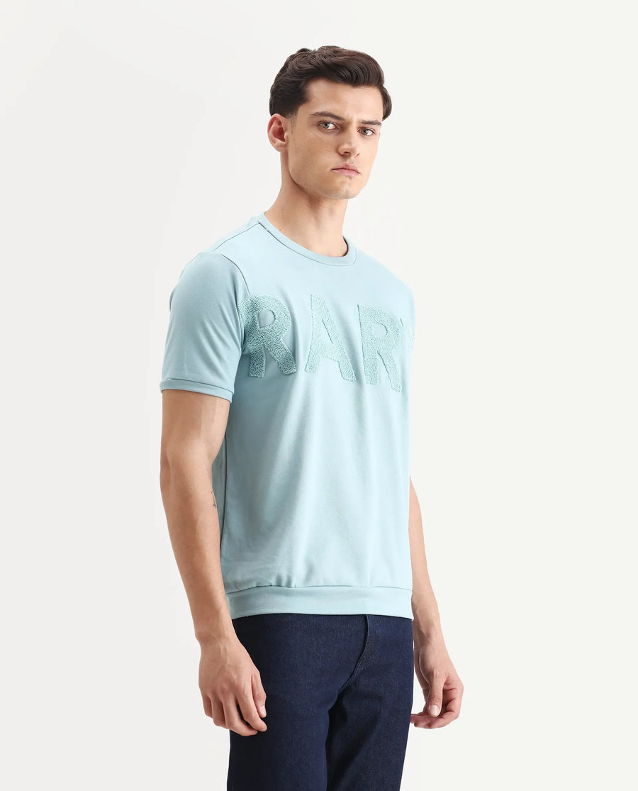 Rare Rabbit Men's Nor-3 Dusky Turq Cotton Blend Embroidered Oversized Fit Half Sleeve Crew Neck T-Shirt