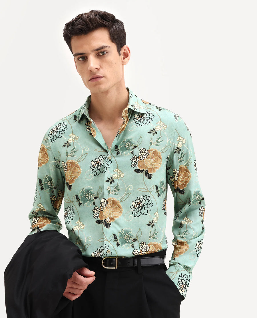 Rare Rabbit Men's Nord-25 Dusky Green Viscose Blend Fabric Spread Collar Regular Fit Floral Print Shirt
