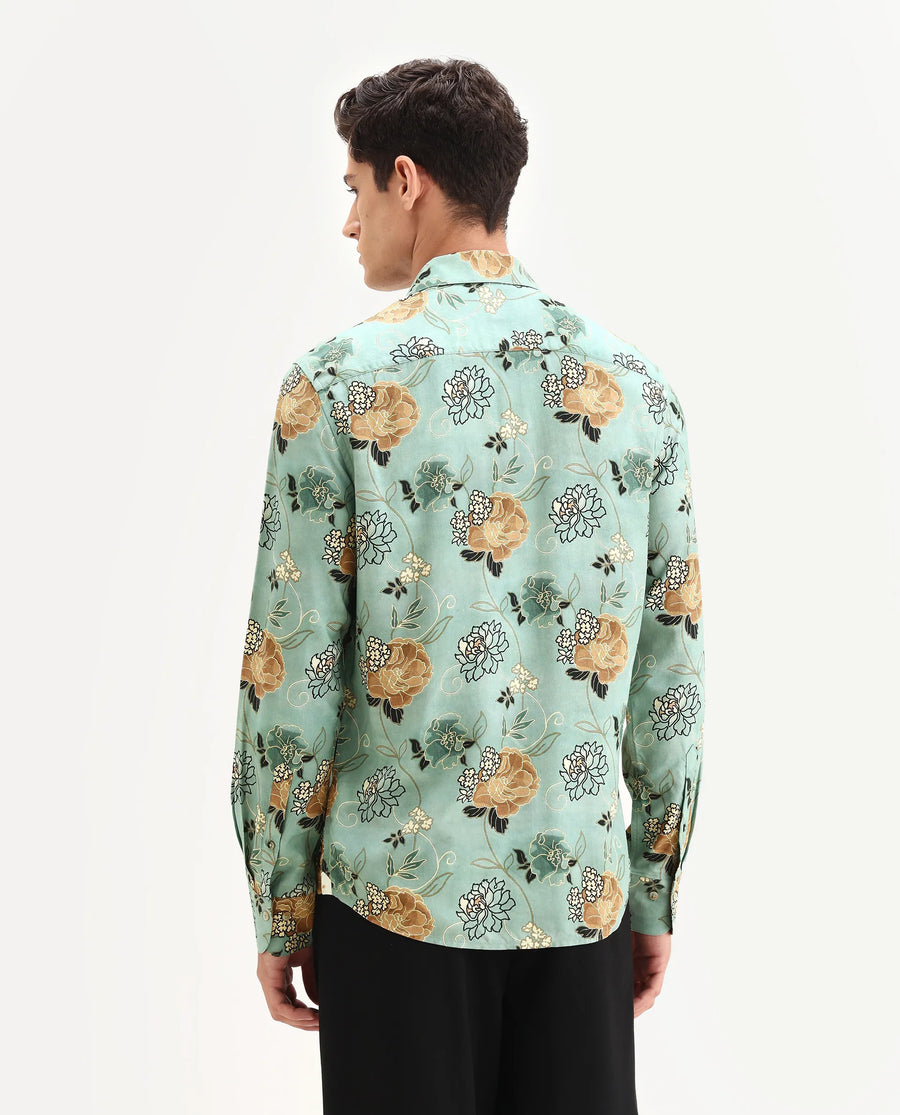 Rare Rabbit Men's Nord-25 Dusky Green Viscose Blend Fabric Spread Collar Regular Fit Floral Print Shirt