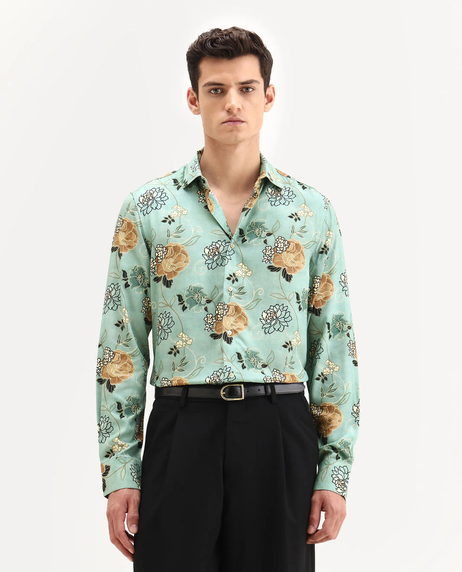 Rare Rabbit Men's Nord-25 Dusky Green Viscose Blend Fabric Spread Collar Regular Fit Floral Print Shirt