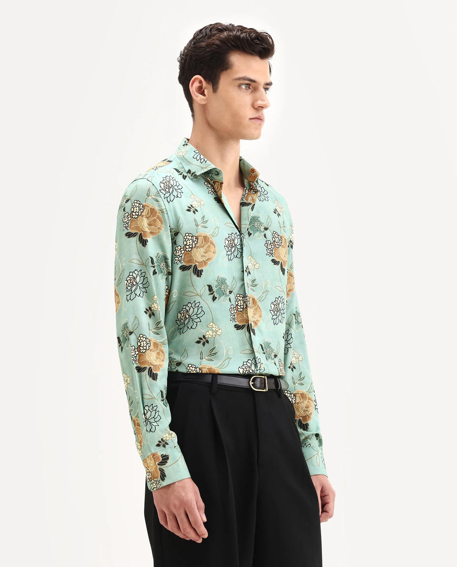 Rare Rabbit Men's Nord-25 Dusky Green Viscose Blend Fabric Spread Collar Regular Fit Floral Print Shirt