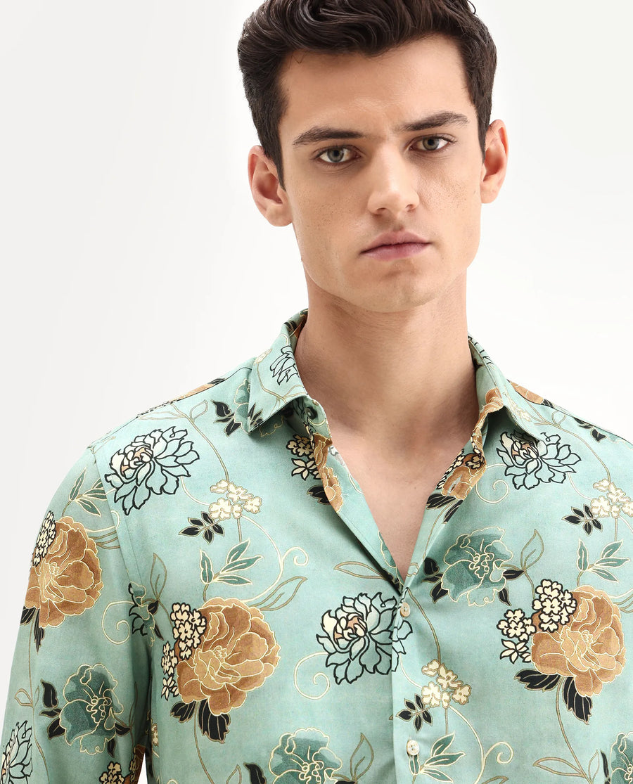 Rare Rabbit Men's Nord-25 Dusky Green Viscose Blend Fabric Spread Collar Regular Fit Floral Print Shirt