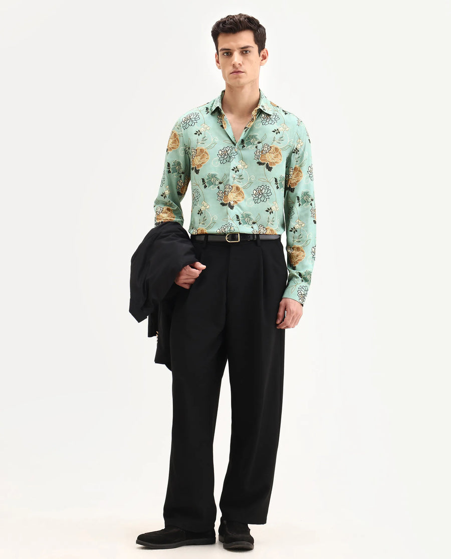 Rare Rabbit Men's Nord-25 Dusky Green Viscose Blend Fabric Spread Collar Regular Fit Floral Print Shirt