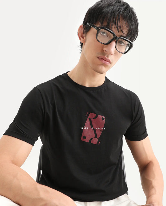 Rare Rabbit Men's Nord Black Cotton Blend Fabric Half Sleeve Crew Neck Regular Fit Graphic Print T-Shirt