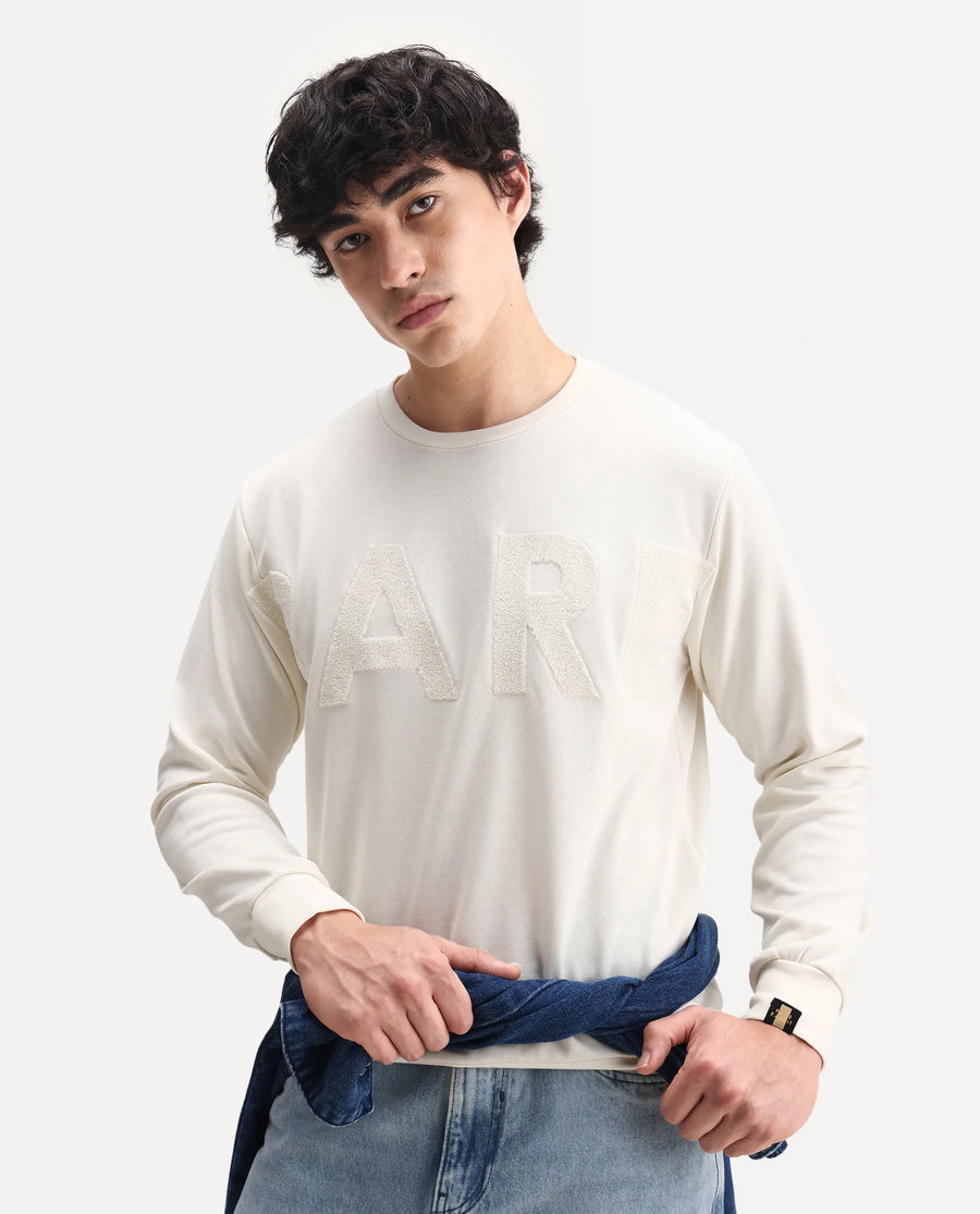 Rare Rabbit Men's Norman Off White Cotton Embroidered Relaxed Fit Full Sleeve Crew Neck Sweatshirt