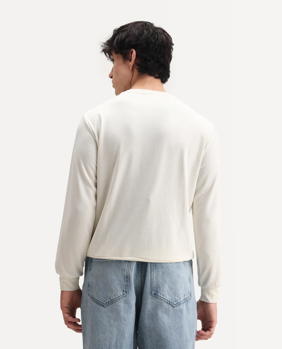 Rare Rabbit Men's Norman Off White Cotton Embroidered Relaxed Fit Full Sleeve Crew Neck Sweatshirt
