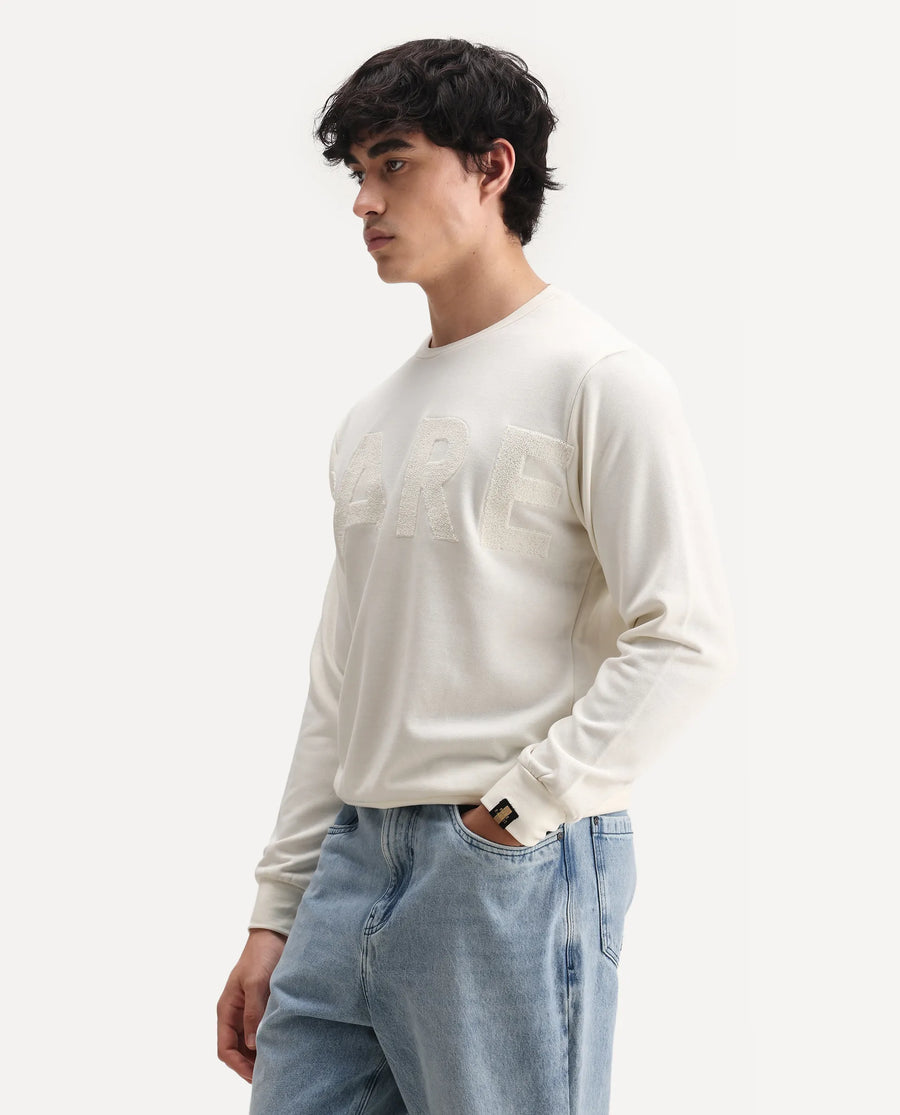 Rare Rabbit Men's Norman Off White Cotton Embroidered Relaxed Fit Full Sleeve Crew Neck Sweatshirt