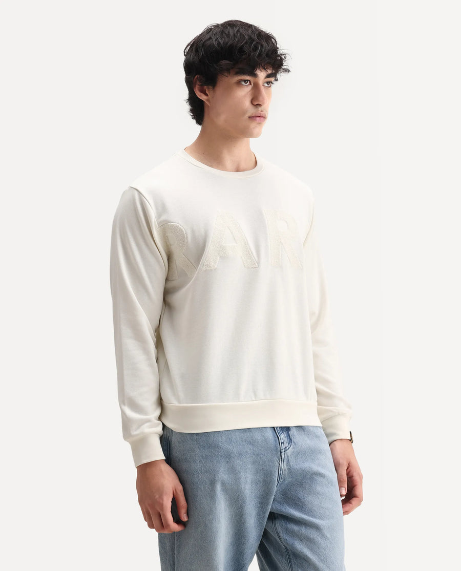 Rare Rabbit Men's Norman Off White Cotton Embroidered Relaxed Fit Full Sleeve Crew Neck Sweatshirt
