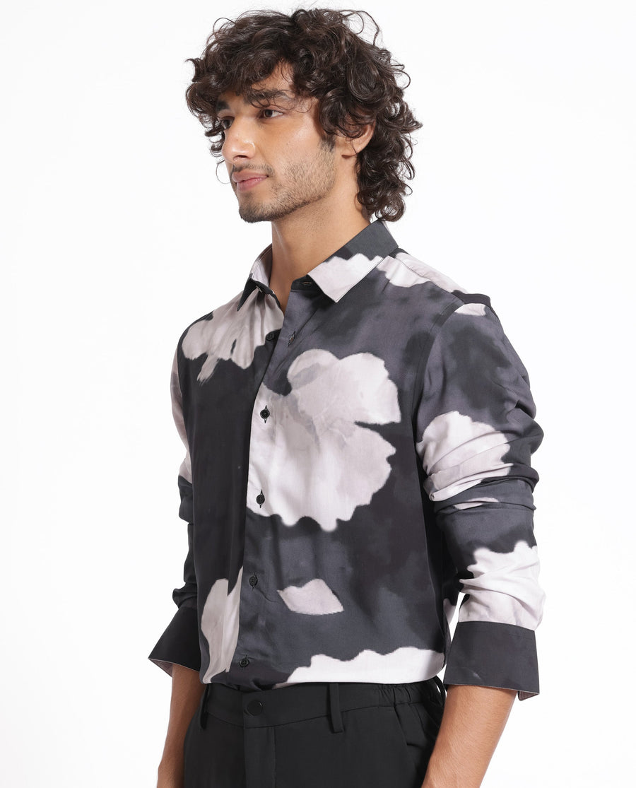 Rare Rabbit Men's Noten Black Viscose Floral Print Regular Fit Full Sleeve Collared Shirt