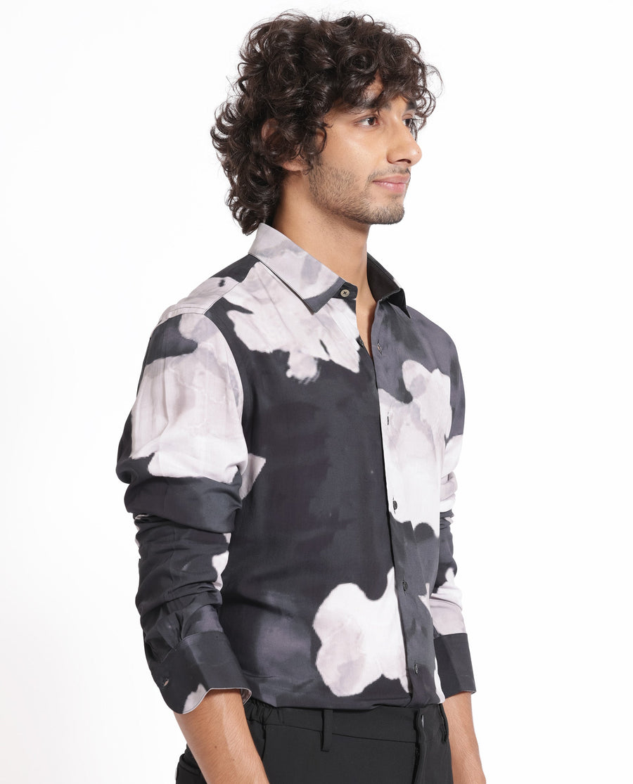 Rare Rabbit Men's Noten Black Viscose Floral Print Regular Fit Full Sleeve Collared Shirt