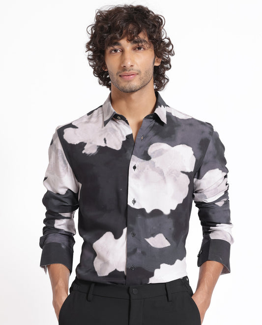 Rare Rabbit Men's Noten Black Viscose Floral Print Regular Fit Full Sleeve Collared Shirt