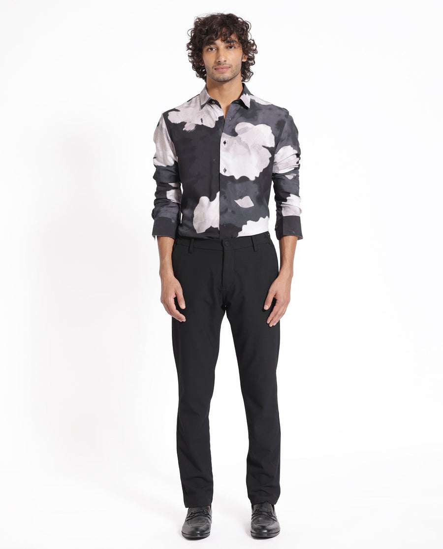 Rare Rabbit Men's Noten Black Viscose Floral Print Regular Fit Full Sleeve Collared Shirt