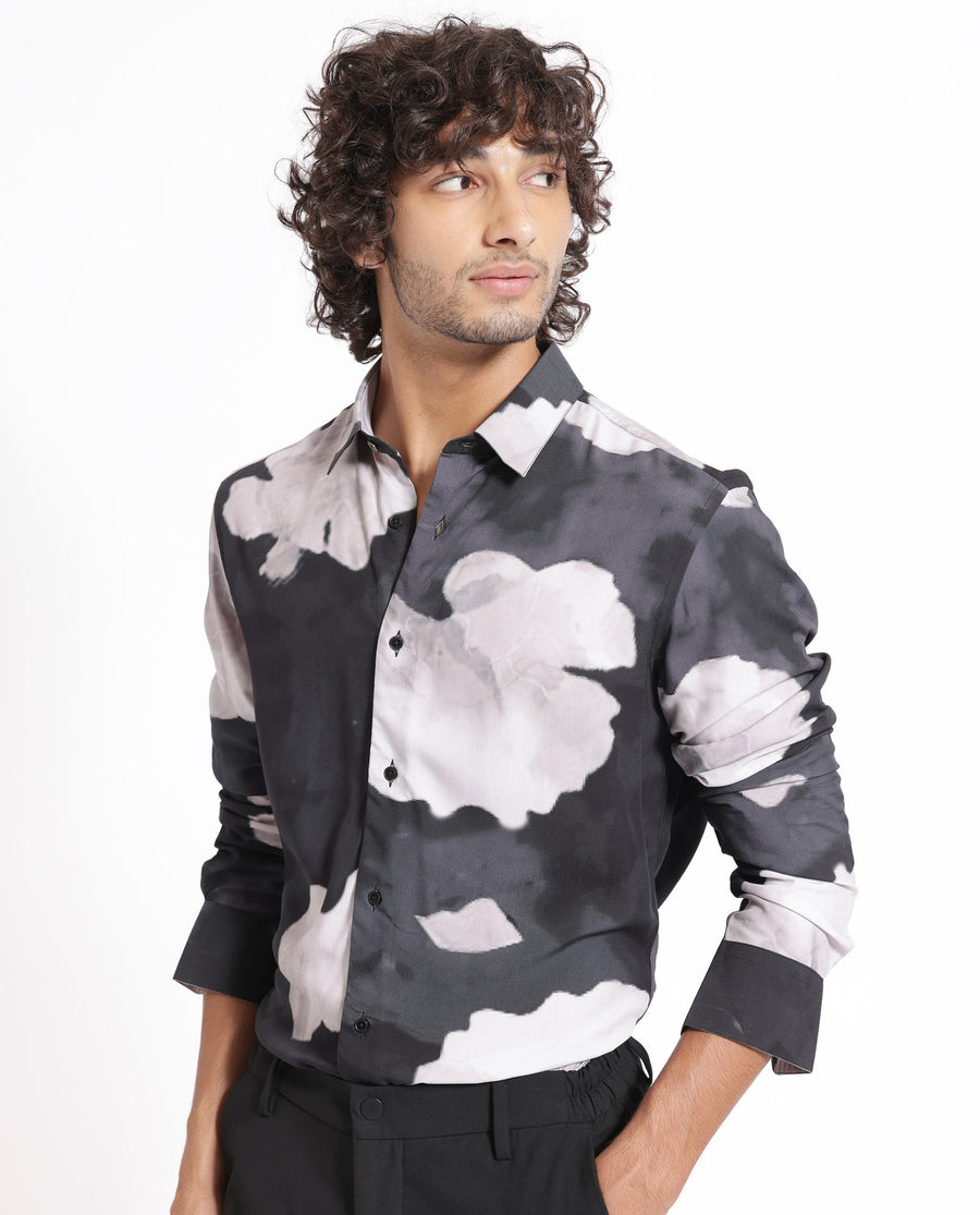 Rare Rabbit Men's Noten Black Viscose Floral Print Regular Fit Full Sleeve Collared Shirt