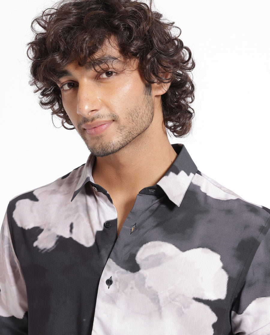 Rare Rabbit Men's Noten Black Viscose Floral Print Regular Fit Full Sleeve Collared Shirt