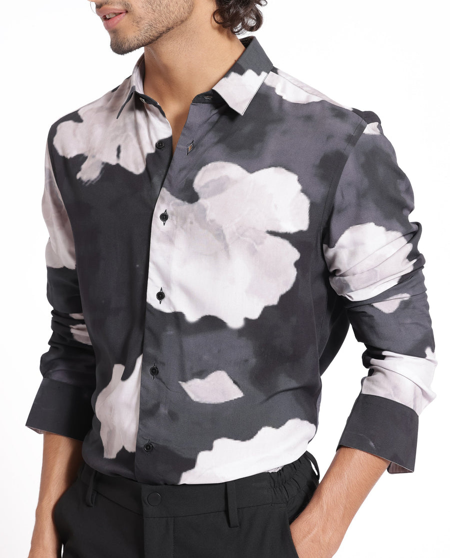 Rare Rabbit Men's Noten Black Viscose Floral Print Regular Fit Full Sleeve Collared Shirt