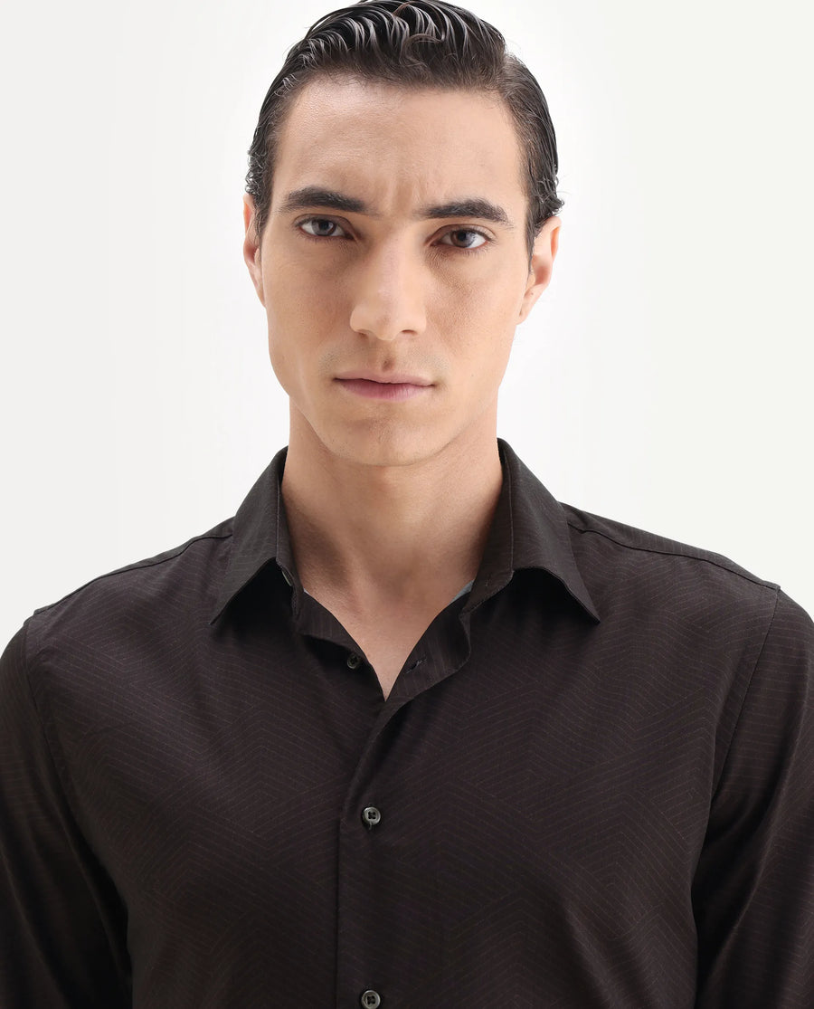 Rare Rabbit Men's Nova Dark Maroon Cotton Fabric Full Sleeve Collared Neck Geometric Print Shirt