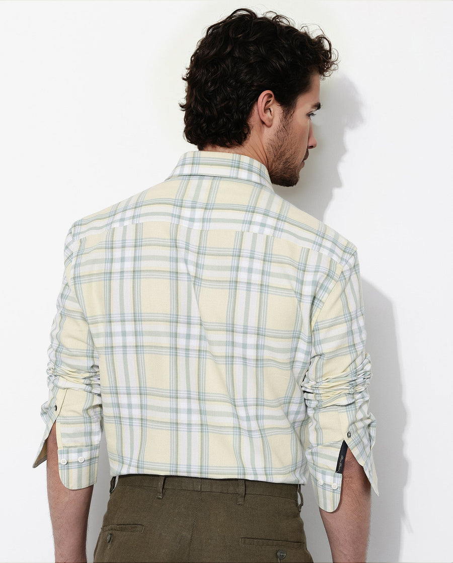 Rare Rabbit Men's Novelo Light Yellow Cotton Checked Print Regular Fit Full Sleeve Collared Shirt