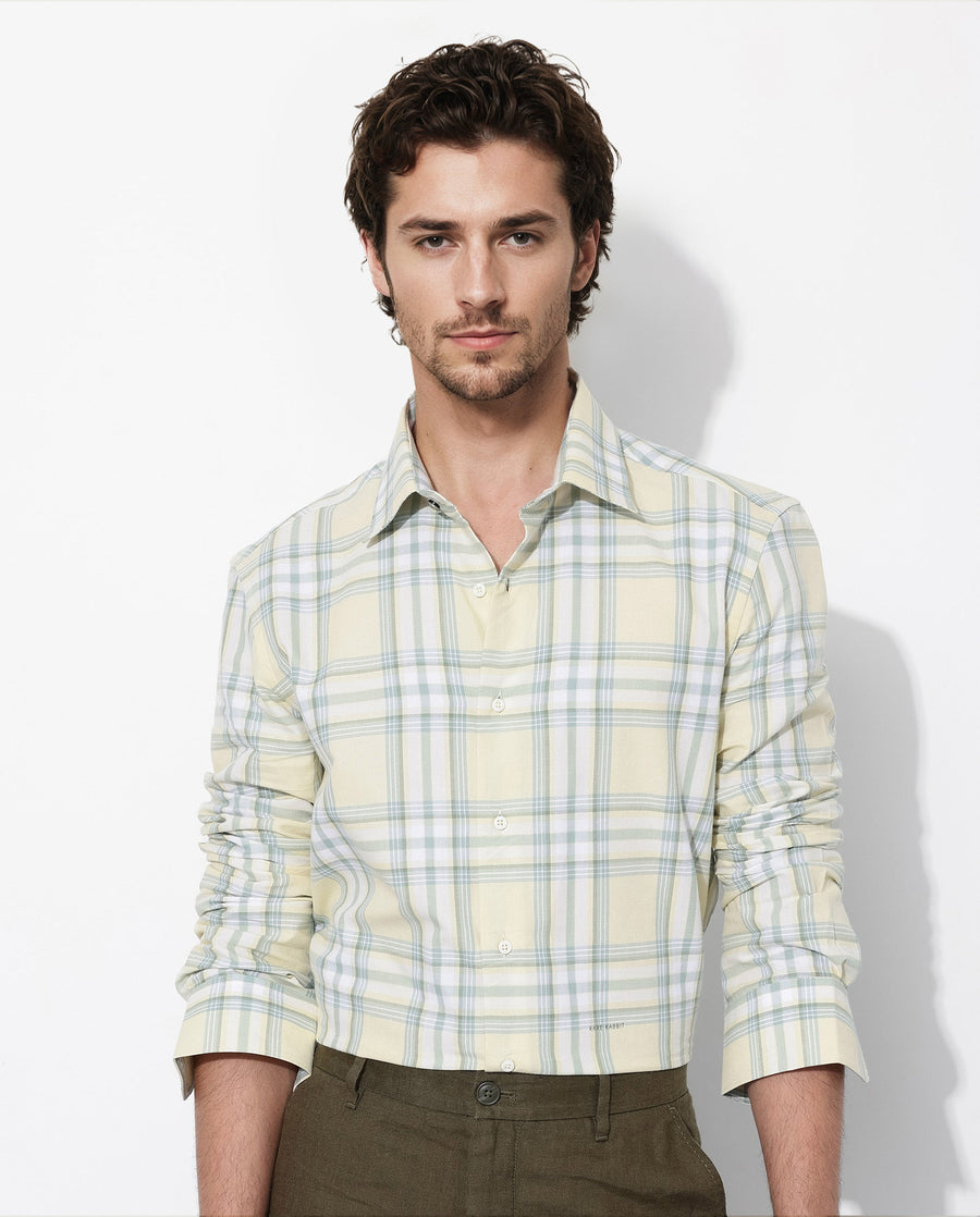 Rare Rabbit Men's Novelo Light Yellow Cotton Checked Print Regular Fit Full Sleeve Collared Shirt