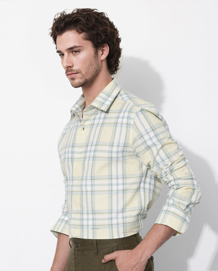 Rare Rabbit Men's Novelo Light Yellow Cotton Checked Print Regular Fit Full Sleeve Collared Shirt