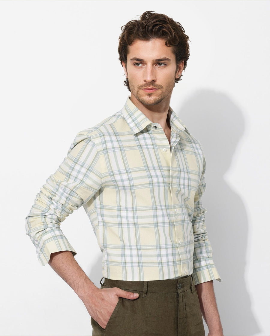 Rare Rabbit Men's Novelo Light Yellow Cotton Checked Print Regular Fit Full Sleeve Collared Shirt
