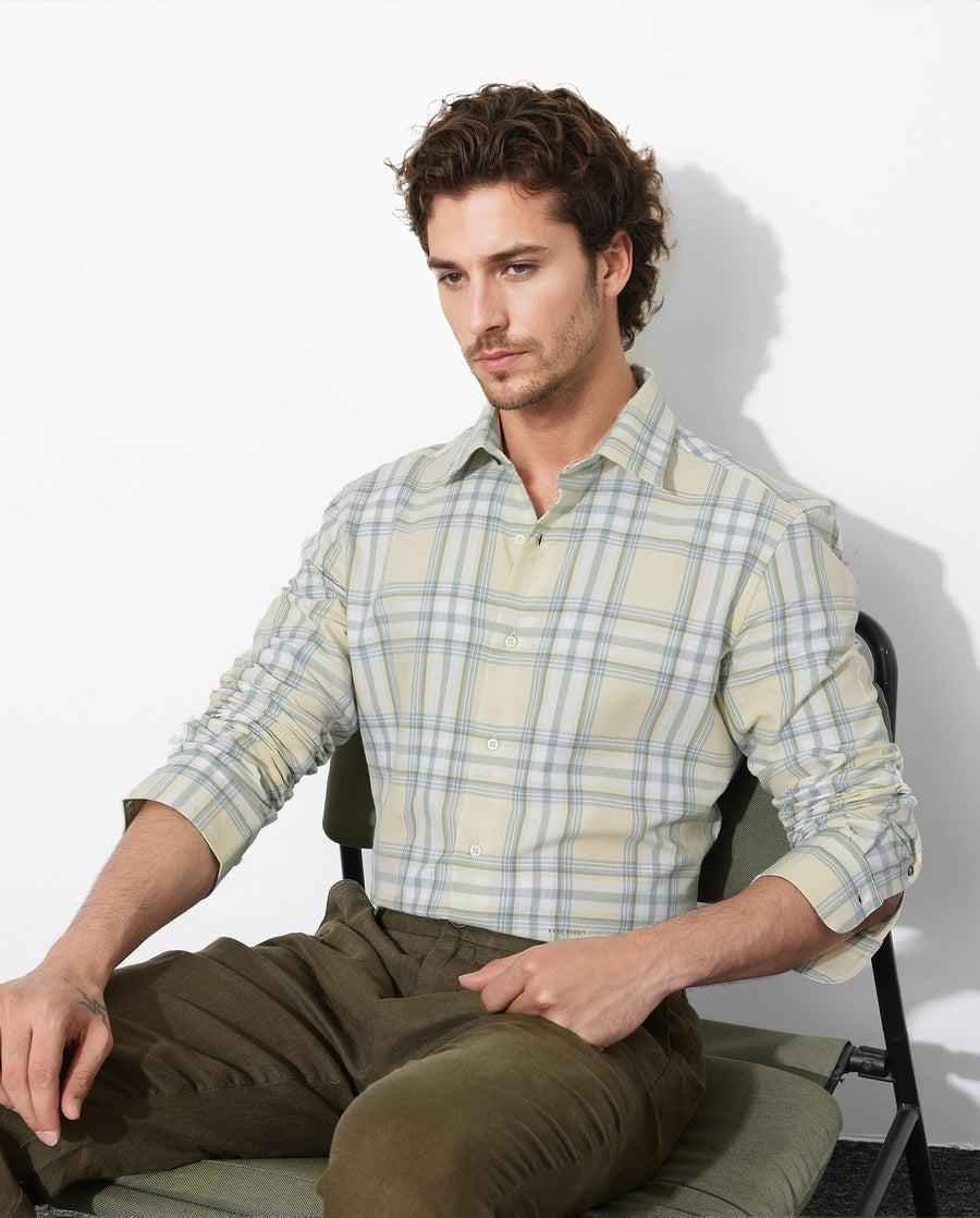 Rare Rabbit Men's Novelo Light Yellow Cotton Checked Print Regular Fit Full Sleeve Collared Shirt