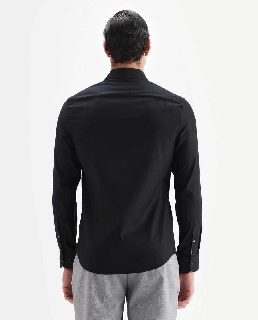 Rare Rabbit Men's Novo-25 Black Cotton Fabric Spread Collar Regular Plain Shirt