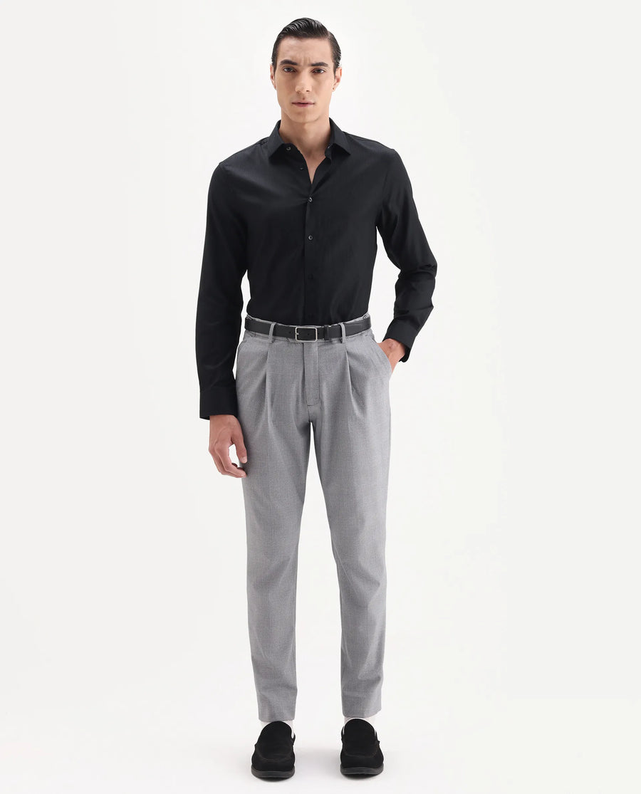 Rare Rabbit Men's Novo-25 Black Cotton Fabric Spread Collar Regular Plain Shirt