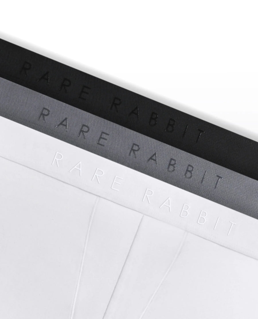 Rare Rabbit Men Now Black/White/Grey Soft Cotton Stretch Trunks (Pack Of 3)