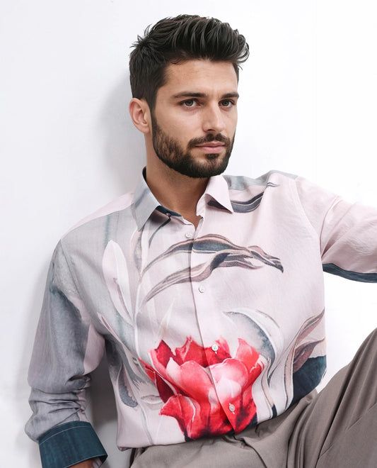 Rare Rabbit Men's Numa Teal Viscose Floral Print Relaxed Fit Full Sleeve Collared Shirt