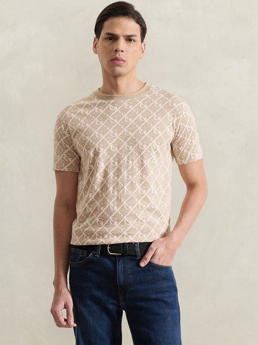 Gant Men Beige Printed Regular Fit Pure Cotton T-Shirt