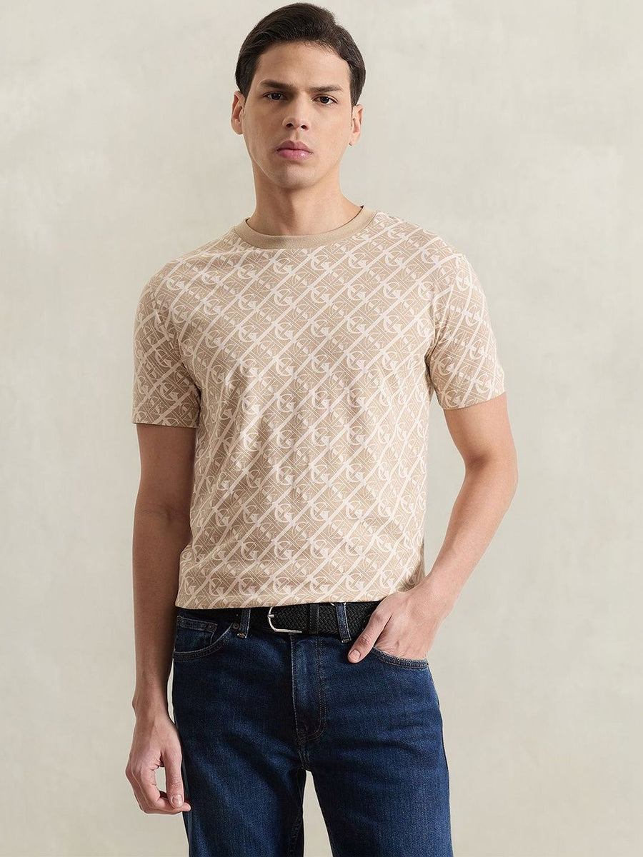 Gant Men Beige Printed Regular Fit Pure Cotton T-Shirt